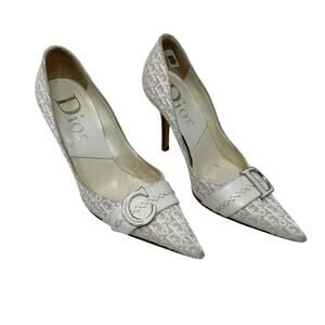 Christian Dior Vintage Monogram Logo Pumps Cream Canvas CD Buckle Heels EU 36